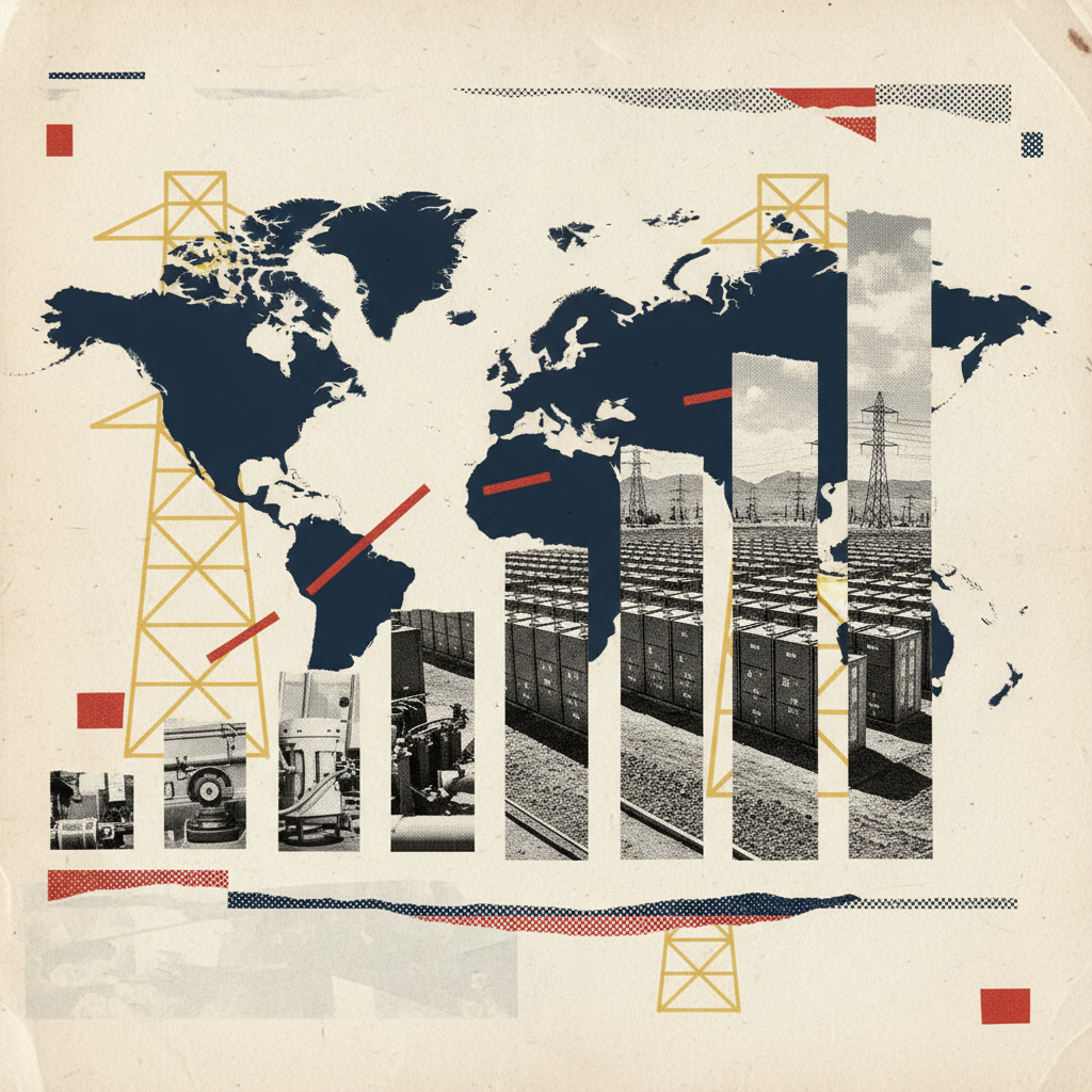 Representação editorial em colagem do crescimento exponencial da capacidade global de armazenamento em baterias entre 2021 e 2025.